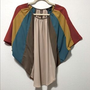 C. Luce Blue and Red Asymmetrical Blouse Size Large PTP 23” EUC